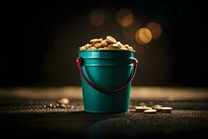a bucket filled with peanuts on a dark background. AI-Generated photo