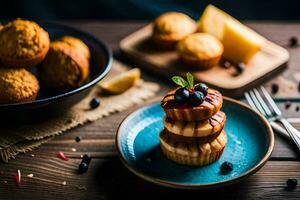 a plate with a stack of muffins and cheese. AI-Generated photo