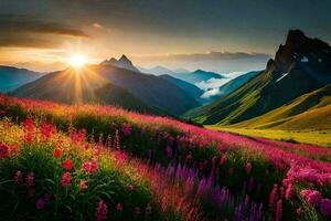 the sun shines over a field of pink flowers in the mountains. AI-Generated photo