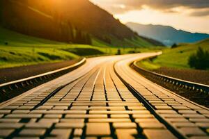 a railroad track in the middle of a field. AI-Generated photo
