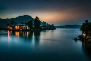 a house on the water at dusk. AI-Generated photo