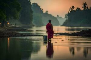 a monk walking along the river at sunset. AI-Generated photo