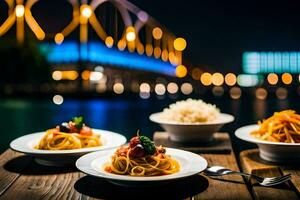 three plates of pasta with sauce and rice on a wooden table. AI-Generated photo