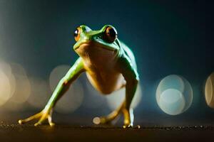 a frog is standing on the ground with a blurry background. AI-Generated photo