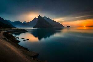 el Dom sube terminado montañas y agua en el lofoten islas generado por ai foto