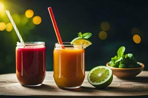 two glasses of juice with straws and lime. AI-Generated photo