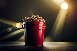 a red bucket filled with nuts on a table. AI-Generated photo