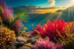 the sun shines over a coral reef with colorful fish. AI-Generated photo