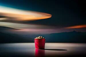 a red bucket with popcorn on top of a table. AI-Generated photo