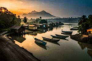 boats are docked in the water at sunrise. AI-Generated photo