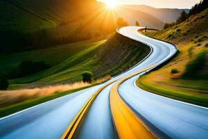 a long winding road with the sun setting behind it. AI-Generated photo