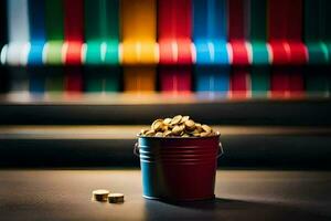 a bucket of gold coins sitting on a table. AI-Generated photo