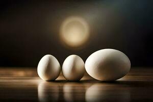 three eggs on a table with a light behind them. AI-Generated photo