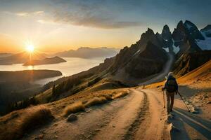 a person walking on a trail in the mountains. AI-Generated photo