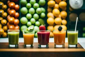 five different types of juices are lined up on a table. AI-Generated photo