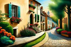 an oil painting of a street with flowers and plants. AI-Generated photo