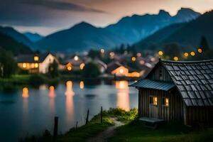 photo wallpaper the sky, mountains, lake, house, light, the night, the lake,. AI-Generated