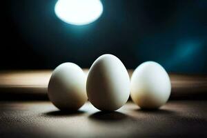 Tres huevos son sentado en un mesa en frente de un brillante ligero. generado por ai foto