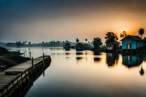 a river with houses and a dock at sunrise. AI-Generated photo