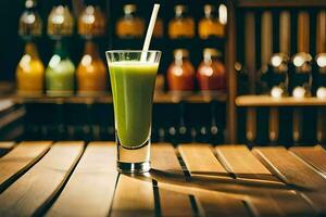 a glass of green juice on a wooden table. AI-Generated photo