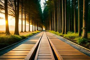 un tren pista en el medio de un bosque. generado por ai foto