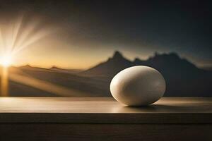 an egg sitting on a table in front of a mountain. AI-Generated photo