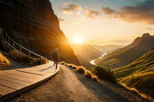 a man walking down a path in the mountains. AI-Generated photo