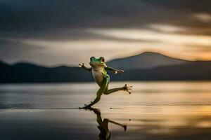 a frog jumping on the water at sunset. AI-Generated photo