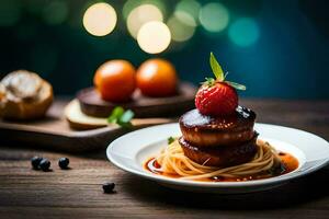 a plate of spaghetti with strawberries and a slice of tomato. AI-Generated photo