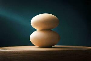 two eggs on top of a wooden table. AI-Generated photo