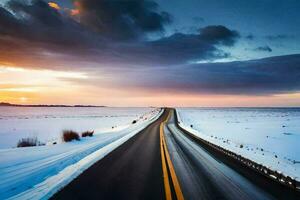 un largo la carretera en el nieve. generado por ai foto