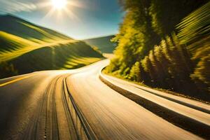 a car driving down a road with the sun shining. AI-Generated photo