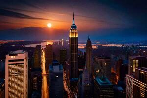 the empire state building is seen at sunset. AI-Generated photo