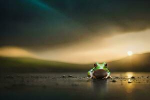 a frog sitting on the ground in front of a sunset. AI-Generated photo