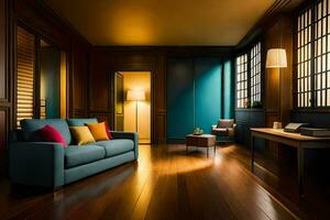 a living room with wooden floors and blue walls. AI-Generated photo