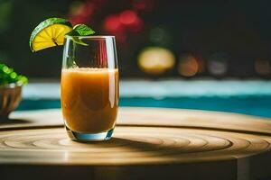 un vaso de naranja jugo con un Lima rebanada en cima. generado por ai foto