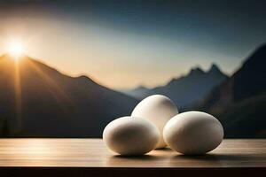 three eggs on a table with mountains in the background. AI-Generated photo