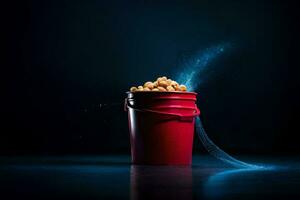 a bucket filled with peanuts on a dark background. AI-Generated photo