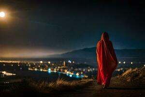 un mujer en un rojo capa camina a lo largo un colina a noche. generado por ai foto