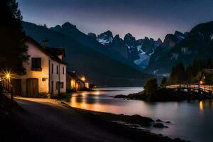 photo wallpaper the sky, mountains, lake, house, the night, the mountains, the lake. AI-Generated