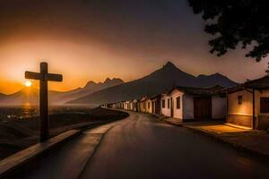 a cross in the middle of a road at sunset. AI-Generated photo