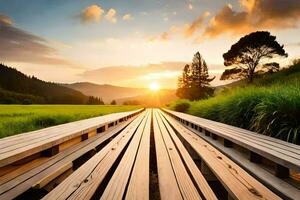 a wooden bridge leads to a sunset in the distance. AI-Generated photo