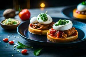 two small plates with meat and eggs on them. AI-Generated photo