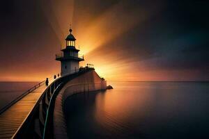 a lighthouse stands on a pier at sunset. AI-Generated photo