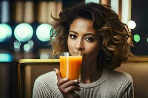 a woman drinking orange juice in a cafe. AI-Generated photo