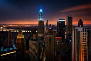 el ciudad horizonte a noche con el imperio estado edificio iluminado arriba. generado por ai foto