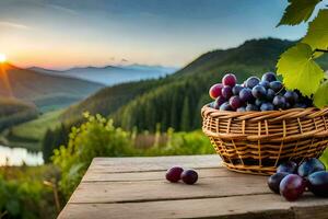 grapes in a basket on a wooden table in the mountains. AI-Generated photo