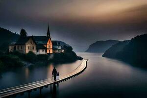 a man and woman walk along a pier in front of a church. AI-Generated photo