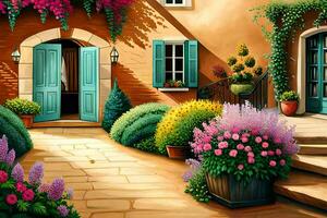 a painting of a house with flowers and plants. AI-Generated photo