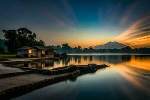 a lake with a hut and mountain in the background. AI-Generated photo